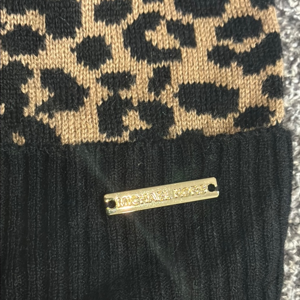 Michael Kors Leopard Print Knit Beanie in Tan and Black - Picture 2 of 8